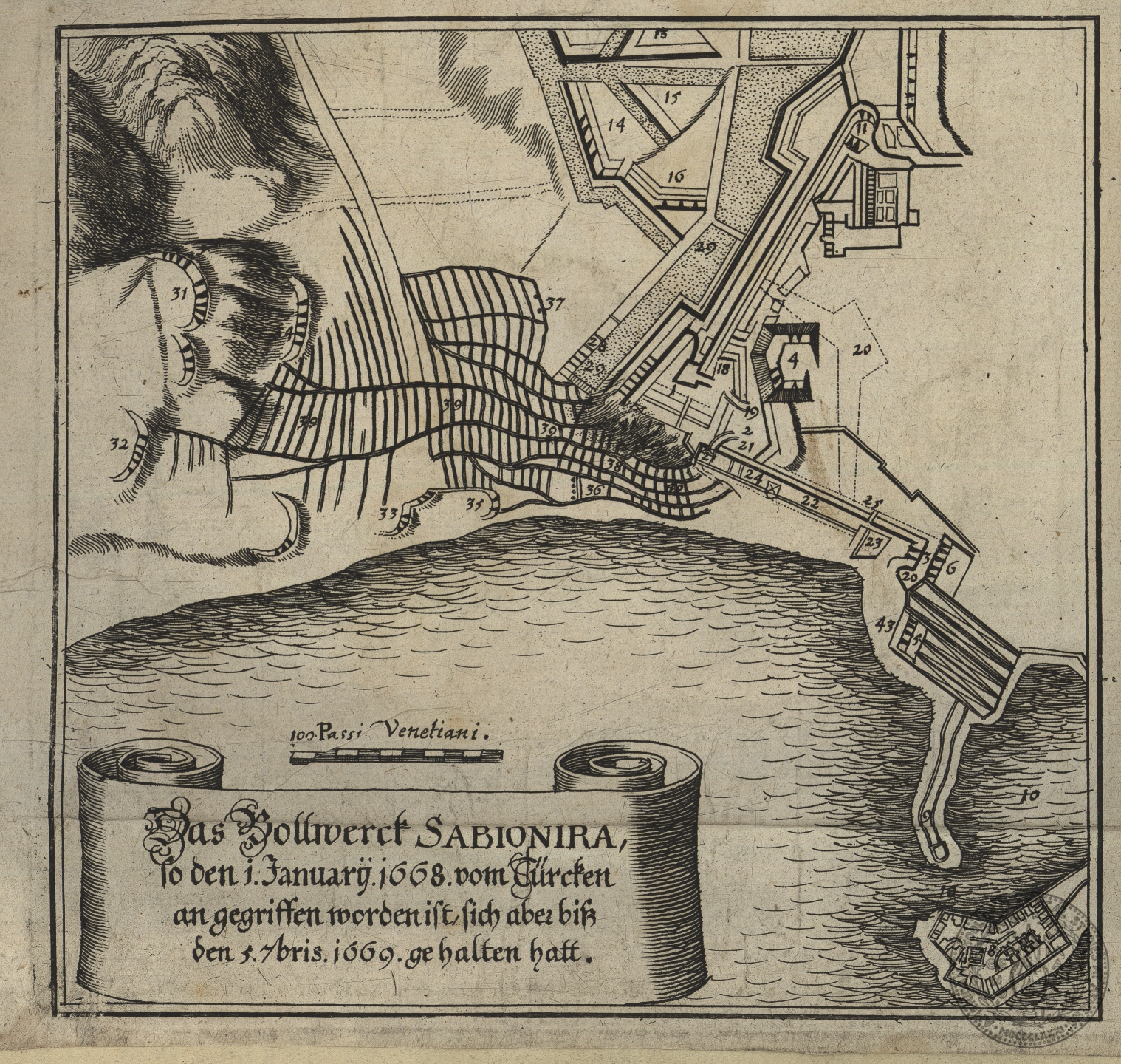 Das Boolwerk Sabionira, so den 1. Januarij. 1668 vom Türcken an gegriffen worden ist, sich aber bisz den 5. 7bris. 1669.-- Das Bollwerk S.t Andreae, so den Januarij 1668 vom Türcken an gegriffen worden ist, sich aber bisz den 5. 7bris. 1669